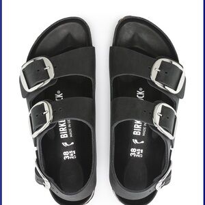 Birkenstock Black Milano Big buckle Slingback Sandals with Metallic Buckles